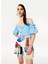 TS1220006166089 Geniş Yaka Normal Kalıp Mavi Kadın Bluz 4