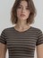 Kahve Bej Çizgili Bisiklet Yaka Kısa Kollu Kadın Crop T-Shirt Sandy 3