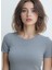 Gri Melanj Çizgili Bisiklet Yaka Kısa Kollu Kadın Crop T-Shirt Sandy 3