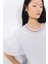 Kırmızı Dikiş Detaylı Fırfır Kollu Yakası Işlemeli Ribana Yaka Beyaz Tshirt 2
