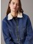 Koyu Mavi Kadın Gömlek Standart Düz Denim Ceket Denım Zıp Jacket Sherpa 2