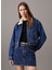 Koyu Mavi Kadın Gömlek Standart Düz Denim Ceket Denım Zıp Jacket Sherpa 3