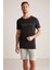 Baskılı Keten Pamuk Karışımlı Siyah T-Shirt 4