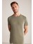 Baskılı Keten Pamuk Karışımlı Haki T-Shirt 5