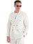 Beyaz Slim Fit Çizgili Kruvaze Keten Takım Elbise 5