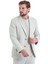Bej Slim Fit Çizgili Mono Yaka Casual Keten Ceket 4