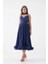Kırinkıl Saten Kumaş Askılı Midi Boy Elbise - Lacivert 1