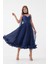 Kırinkıl Saten Kumaş Askılı Midi Boy Elbise - Lacivert 3
