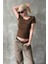 Kahverengi Geniş Yaka Fittili Basic Kadın T-Shirt MG2293 1