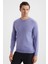 Slim Fit Bisiklet Yaka Açık Mor Merino Yün Triko 1