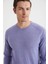 Slim Fit Bisiklet Yaka Açık Mor Merino Yün Triko 3