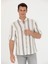 Slim Fit Düğmeli Yaka Çizgili Haki Erkek Gömlek Nova 3