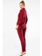 3365 Bordo Kadın Düz Uzun Kollu Gömlek Yaka Pijama Takım 5