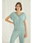 18465 Kadın Açık Yeşi Kısa Kollu V Yakalı Dantelli Pijama Takımı 3