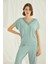 18465 Kadın Açık Yeşi Kısa Kollu V Yakalı Dantelli Pijama Takımı 4