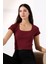 Kare Yaka Likralı Ribana Kumaş Kadın T-Shirt 21804 Bordo 3