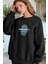 Kadın Siyah Personality Baskılı 0 Sıfır Yaka Oversize Salaş Bol Kesim Polar Sweatshirt 2