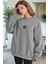 Kadın Koyu Gri Free Life Baskılı 0 Sıfır Yaka Oversize Salaş Bol Kesim Polar Sweatshirt 2