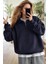 Kadın Lacivert Yarım Fermuar Polo Yaka 3 Iplik Içi Polarlı Şardonlu Oversize Sweatshirt 1