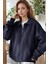 Kadın Lacivert Yarım Fermuar Polo Yaka 3 Iplik Içi Polarlı Şardonlu Oversize Sweatshirt 2