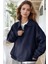Kadın Lacivert Yarım Fermuar Polo Yaka 3 Iplik Içi Polarlı Şardonlu Oversize Sweatshirt 3