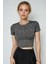 Kadın Leopar Baskılı Pamuklu Likralı Bisiklet Yaka Basic Kısa Kollu Esnek Body Crop 2