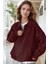Kadın Bordo Yarım Fermuar Polo Yaka 3 Iplik Içi Polarlı Şardonlu Oversize Sweatshirt 1