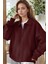 Kadın Bordo Yarım Fermuar Polo Yaka 3 Iplik Içi Polarlı Şardonlu Oversize Sweatshirt 2
