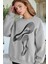 Kadın Gri Limited Baskılı 0 Sıfır Yaka Oversize Salaş Bol Kesim Polar Sweatshirt 2