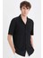 Yeni Sezon modern Fit Polo Yaka Dokulu Penye Kısa Kollu Siyah Gömlek 1
