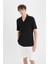 Yeni Sezon modern Fit Polo Yaka Dokulu Penye Kısa Kollu Siyah Gömlek 3