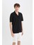 Yeni Sezon modern Fit Polo Yaka Dokulu Penye Kısa Kollu Siyah Gömlek 4