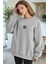 Kadın Gri Free Life Baskılı 0 Sıfır Yaka Oversize Salaş Bol Kesim Polar Sweatshirt 2