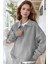 Kadın Gri Yarım Fermuar Polo Yaka 3 Iplik Içi Polarlı Şardonlu Oversize Sweatshirt 2