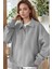 Kadın Gri Yarım Fermuar Polo Yaka 3 Iplik Içi Polarlı Şardonlu Oversize Sweatshirt 3