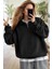 Kadın Siyah Yarım Fermuar Polo Yaka 3 Iplik Içi Polarlı Şardonlu Oversize Sweatshirt 1