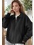 Kadın Siyah Yarım Fermuar Polo Yaka 3 Iplik Içi Polarlı Şardonlu Oversize Sweatshirt 2
