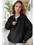 Kadın Siyah Yarım Fermuar Polo Yaka 3 Iplik Içi Polarlı Şardonlu Oversize Sweatshirt 3