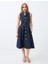 Lacivert Kruvaze Yaka Kemer Detaylı Kolsuz Midi Elbise 1