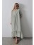 Çizgili Oversize V Yaka Elbise - Haki 1