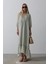 Çizgili Oversize V Yaka Elbise - Haki 2