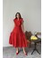 Kırmızı Fırfırlı Düğmeli Elbise 2