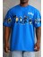 Unisex Bisiklet Yaka Baskılı Oversize T-Shirt - Mavi 4