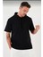 Unisex Kapşonlu Kısa Kol Düz Oversize T-Shirt - Siyah 4