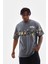 Unisex Bisiklet Yaka Baskılı Oversize T-Shirt - Gri 2