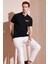 Yakası Düğmeli Yakalı Pike Baskılı T-Shirt - Siyah 5