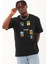 Unisex Oversize Baskılı Bisiklet Yaka T-Shirt - Siyah 3