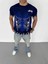 Unisex Bisiklet Yaka Baskılı Oversize T-Shirt - Lacivert 4