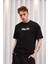Unisex Bisiklet Yaka Baskılı Oversize T-Shirt - Siyah 1
