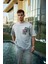 Unisex Bisiklet Yaka Baskılı Oversize T-Shirt - Boyalı Gri 2